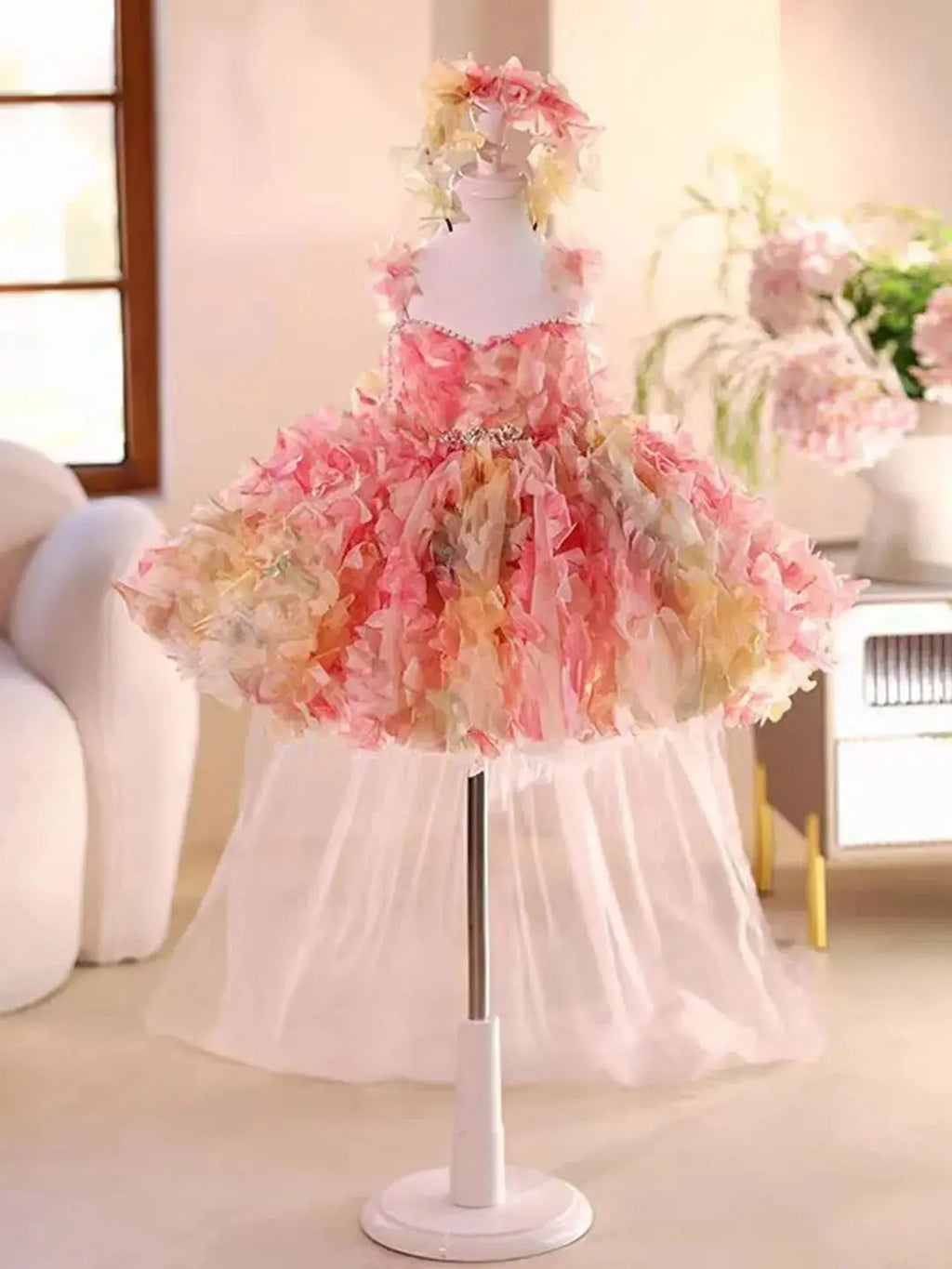 Dreamy Vow Elegant Cute Pearl Embellished Sling Tulle Pink Flower Girl Dress Wedding Holiday Party Knee-Length Ball Gown D084