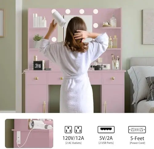 Makeup Vanity Desk with Mirror and Lights, 43" Pink Vanity Set with 3 Drawers, Power Outlet & Adjustable RGB LED
