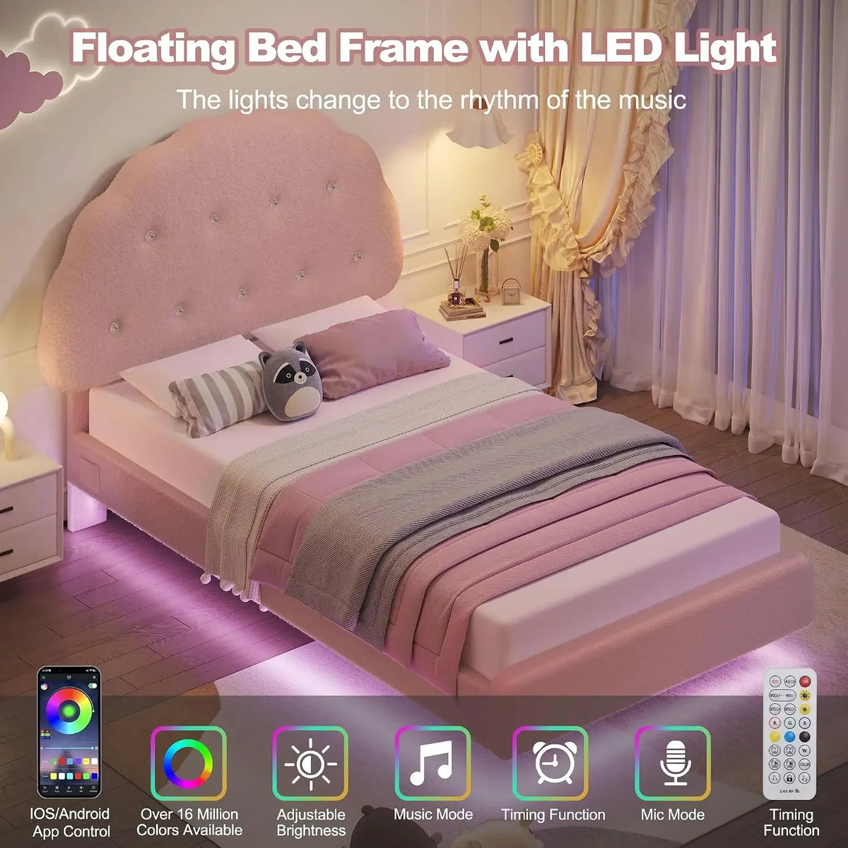 Twin Size Bed Frame with Headboard and LED Lights, Cloud Floating Upholstered Bed Frames with Adjustable Headboard and Raised