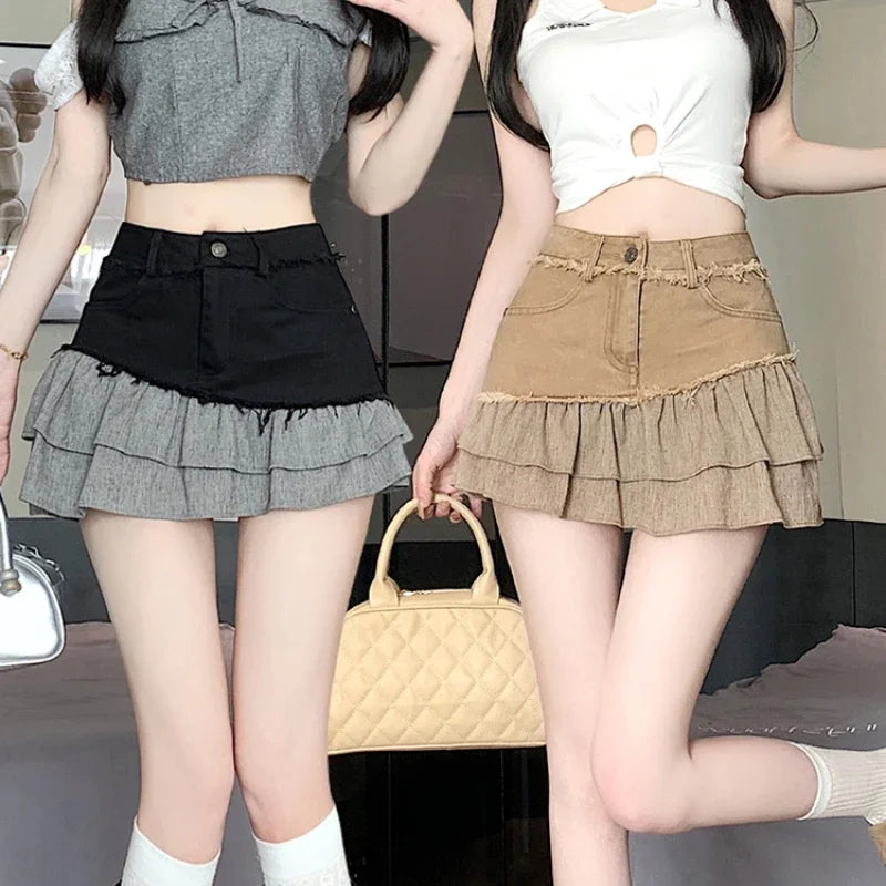 Fashion 2025 New Denim Patchwork Ruffle Denim Skirts Women Summer Retro High Waist Slim Skirts Woman