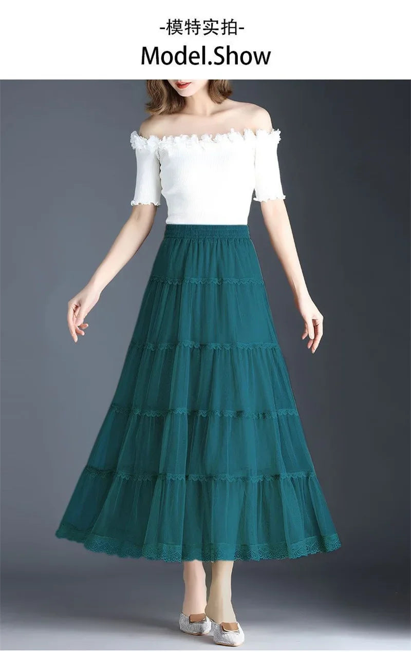 Pop Pop Long Tulle Skirt Women 2024 Spring Summer Elastic High Waist A-Line Mesh Pleated Puffy Skirt Female Elegant Lace Midi Sk