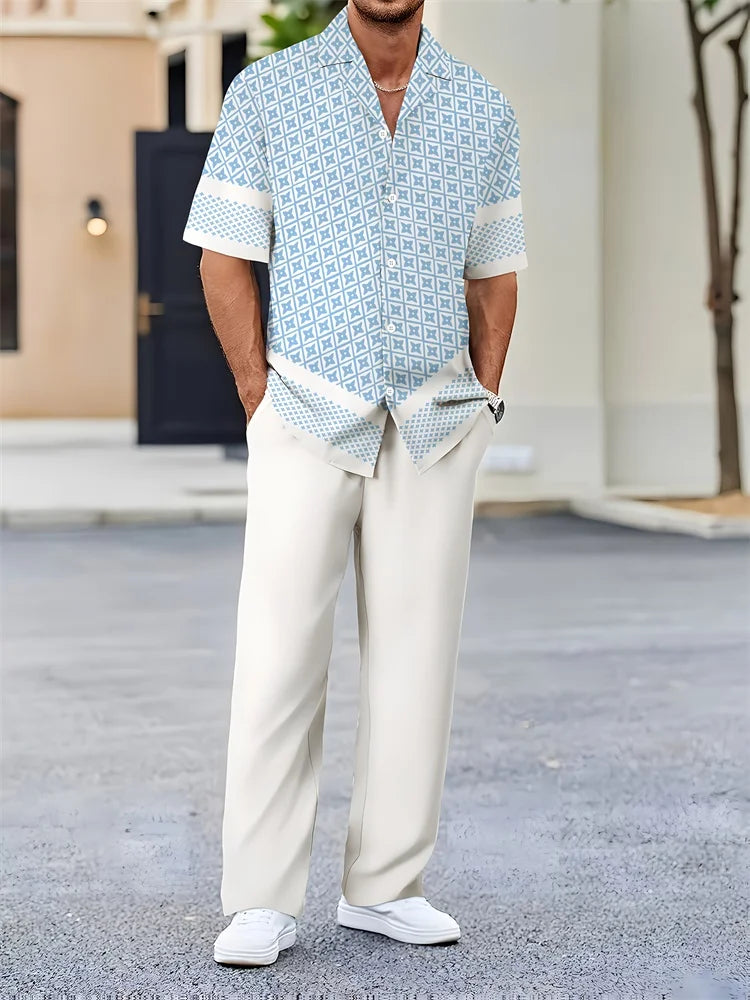 Mens Geometric Color Block Short Sleeve Two Piece Set For Autumn Casual Comfort And Fashion