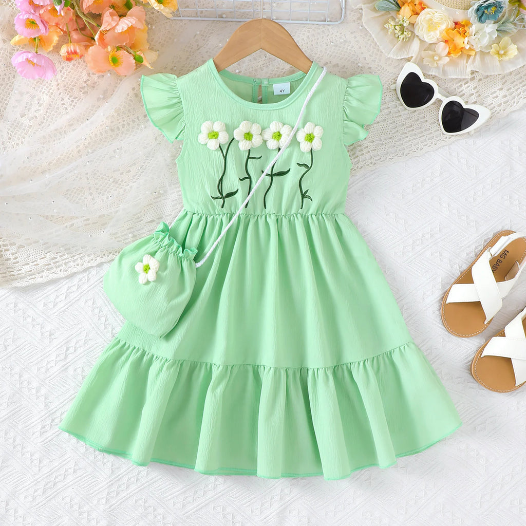 3PCS Fashion Girls 1-6 Years Old Summer Blue Sweet Sleeveless A-line Children's Dress 3D Wool Flower+Small Pocket Casual Dress