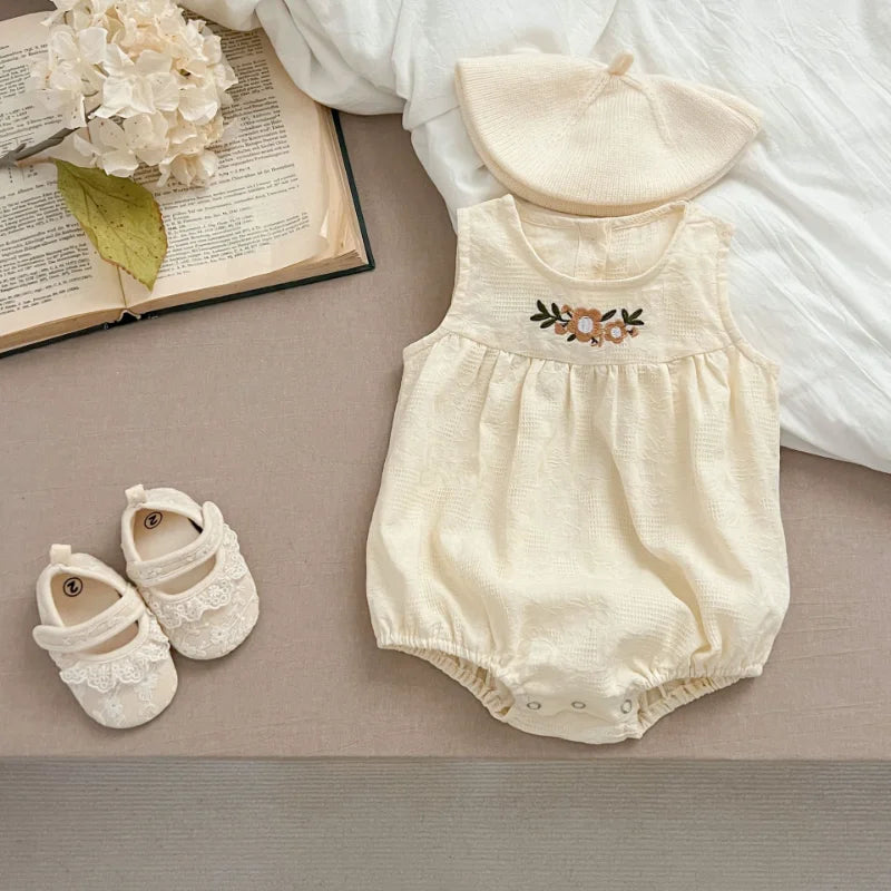 Girls Birthday Party Sisters Outfits Summer Green Apricot Floral Embroidery Sleeveless Bodysuit Vest Dress Baby Clothes H037