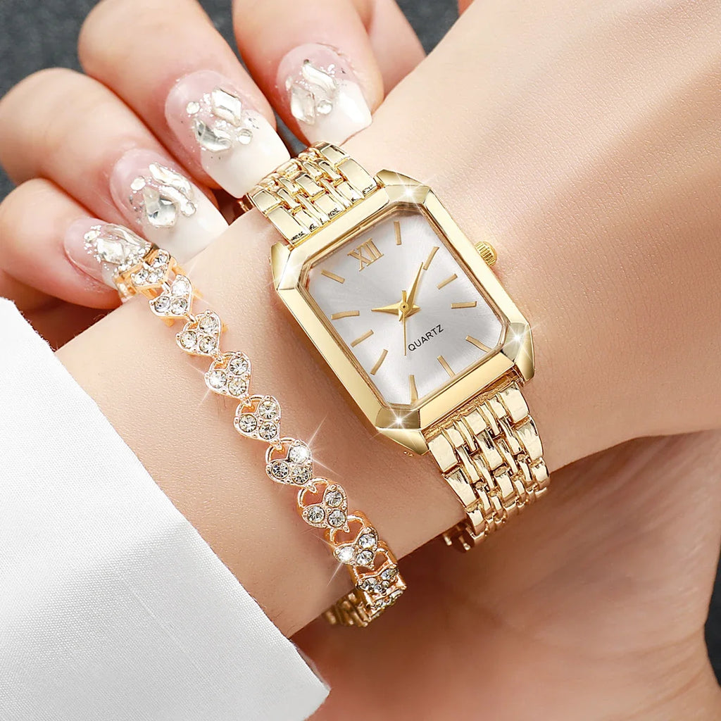 2PCS/Set Fashion Rectangle Women Quartz Watch Ladies Roma Dial Wristwatches Rhinestone Bracelet Set Reloj Mujer Girls Clock Gift