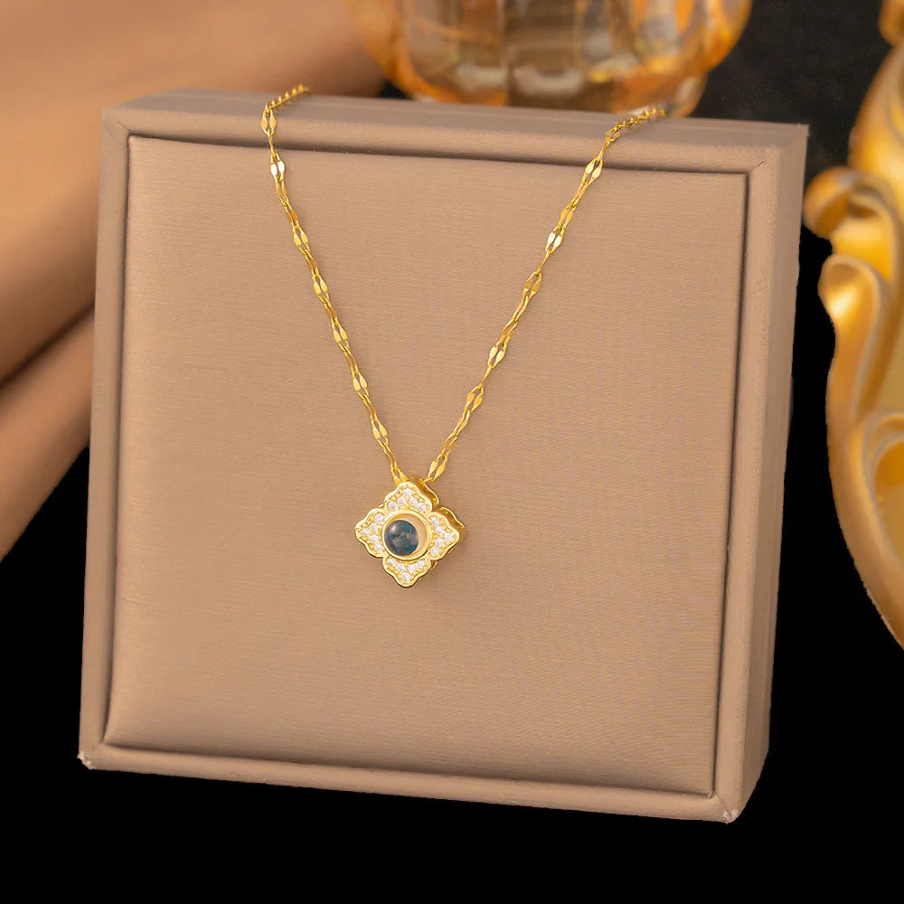 New Micro-Inlay Zircon Swan Flower Heart Projection Moon Pendant Necklace For Women'S Stainless Steel Valentine'S Day Jewelry
