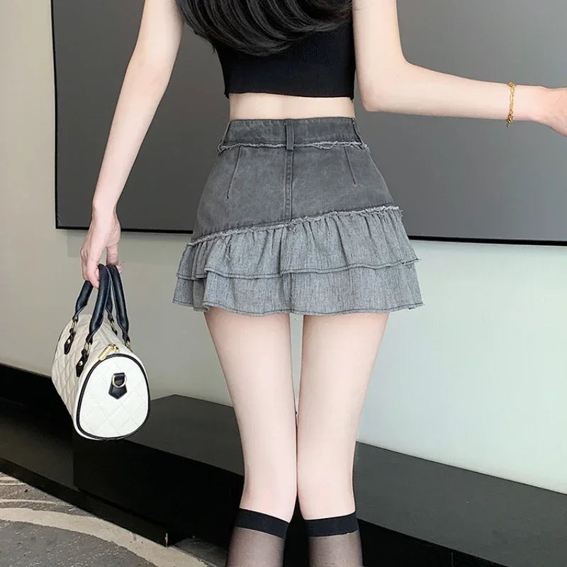 Fashion 2025 New Denim Patchwork Ruffle Denim Skirts Women Summer Retro High Waist Slim Skirts Woman