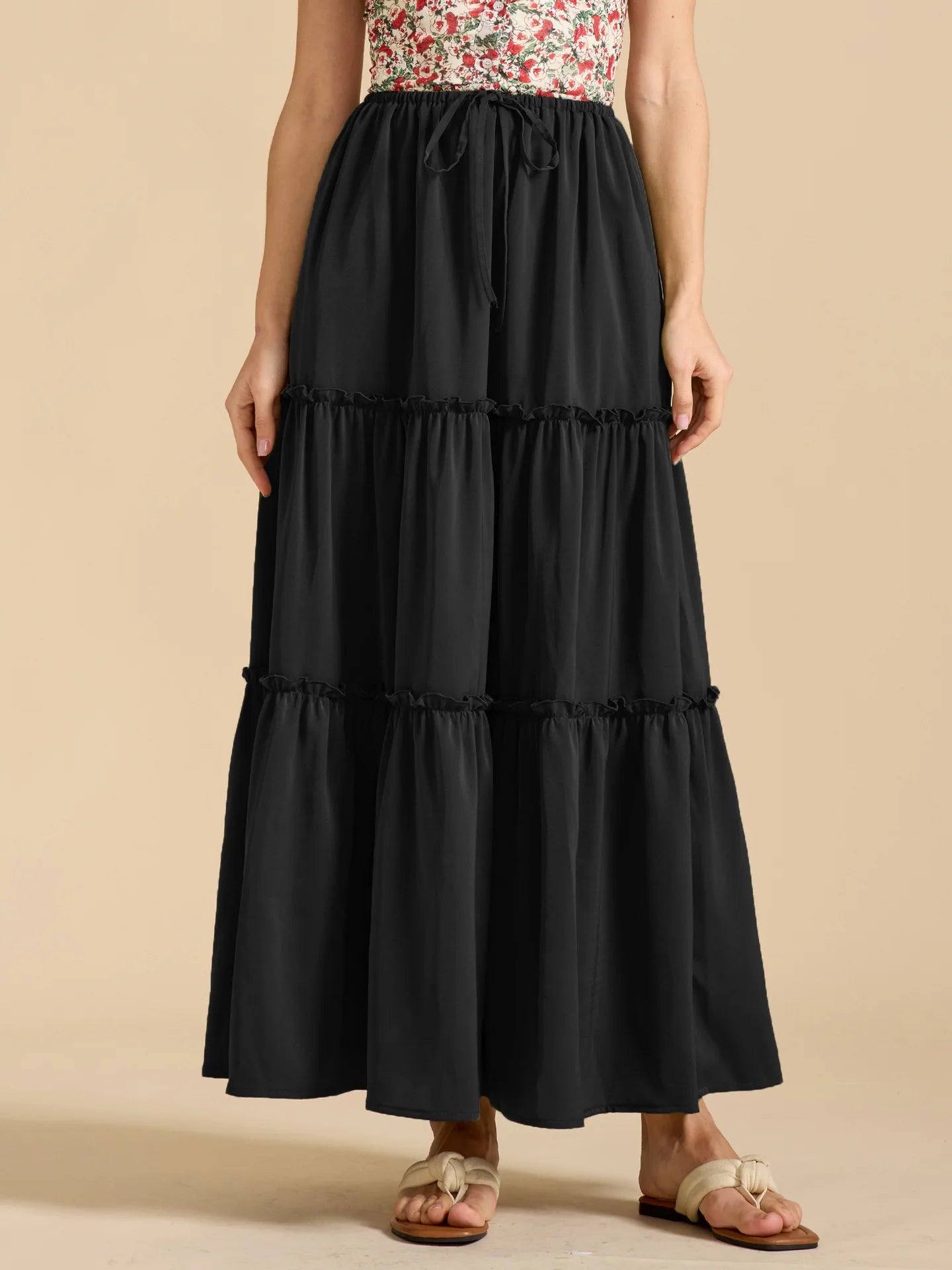 Elegant High Waist Elastic Pocket Long Skirt Adjustable Belted Half Body Skirt Women's Home Fashion Spring 2025 Polyester Blend