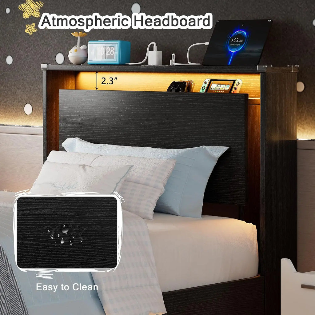 Twin Bed Frames with LED Lights and Charging Station - Wood Floating Bed Frame with Storage Headboard, Adhesive Slats, Kick-Free
