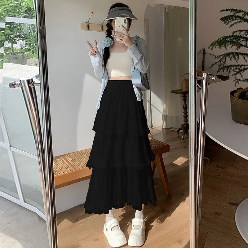 Sweet Lace Ruffles Long Skirt Women Summer Cute Puff Cake A Line Skirt Woman Korean Style High Waist White Chiffon Tulle Skirt