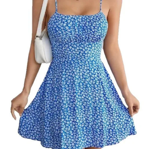 Elegant Floral Print Spaghetti Strap Dress Backless Tie Back Slim Vacation Summer Women Dress