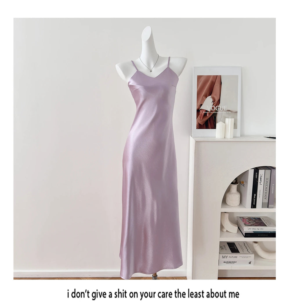 Elegant Chinese Style Satin V-Neck Sleeveless Women's Dress Slimming Waist Design Summer City Walk Long Skirt Inner Wear