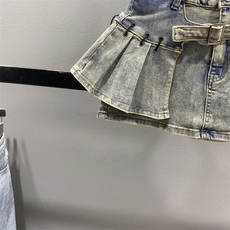 Retro American Denim  Skirt Women's Spring Summer Design Slimming Sexy A-Line Pleated Short Skirt High Waist Cotton Polye...
