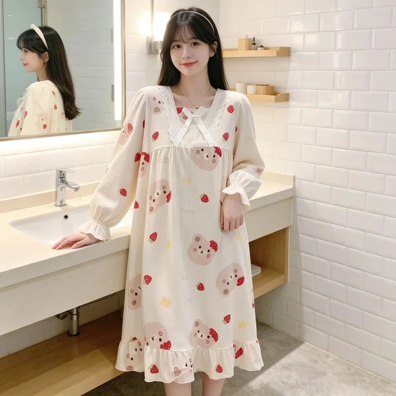 Kawaii Bear Strawberry Print Women Pajamas, Long Sleeve Lace Neck Loose Sleep Set, Casual Daily Home Loungewea
