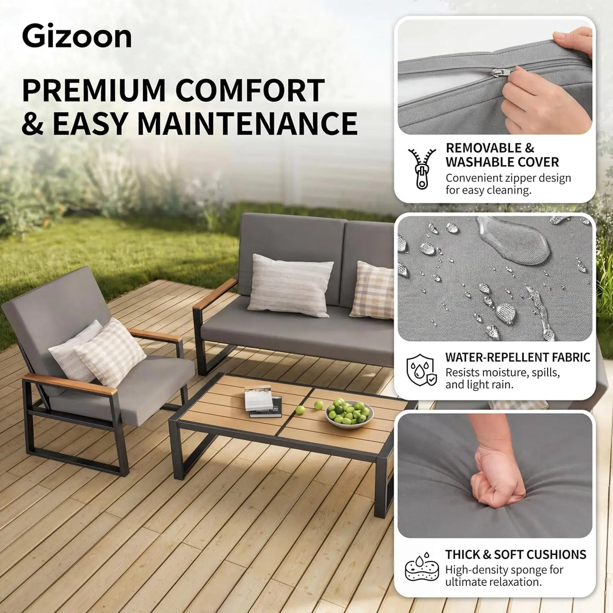 Metal Patio Set 4-Piece Outdoor Conversation WPC Table Washable Cushions Weather-Resistant Seating Yard Poolside, Customized