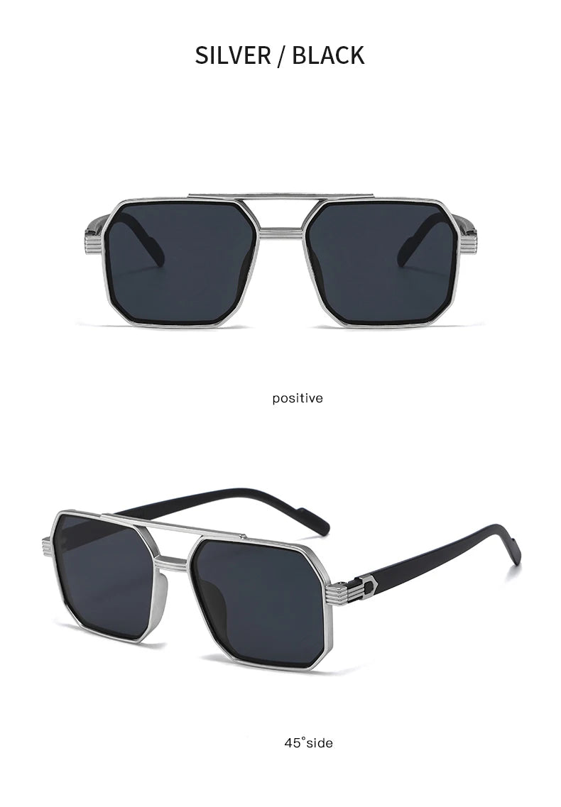 Car Sun Glasses 3pcs Retro Large Frame Square Sunglasses Classic Double Beam Metal Frame Glasses Fashion Men'S Gradient Eyewear