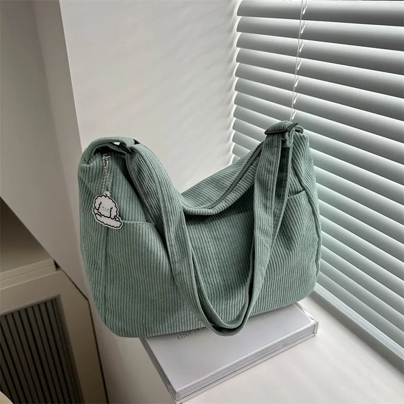 Women’s Corduroy Shoulder Bag, Casual Striped Large Capacity Tote with Zipper Closure, Cute Hat Patch, Perfect for Everyday Use