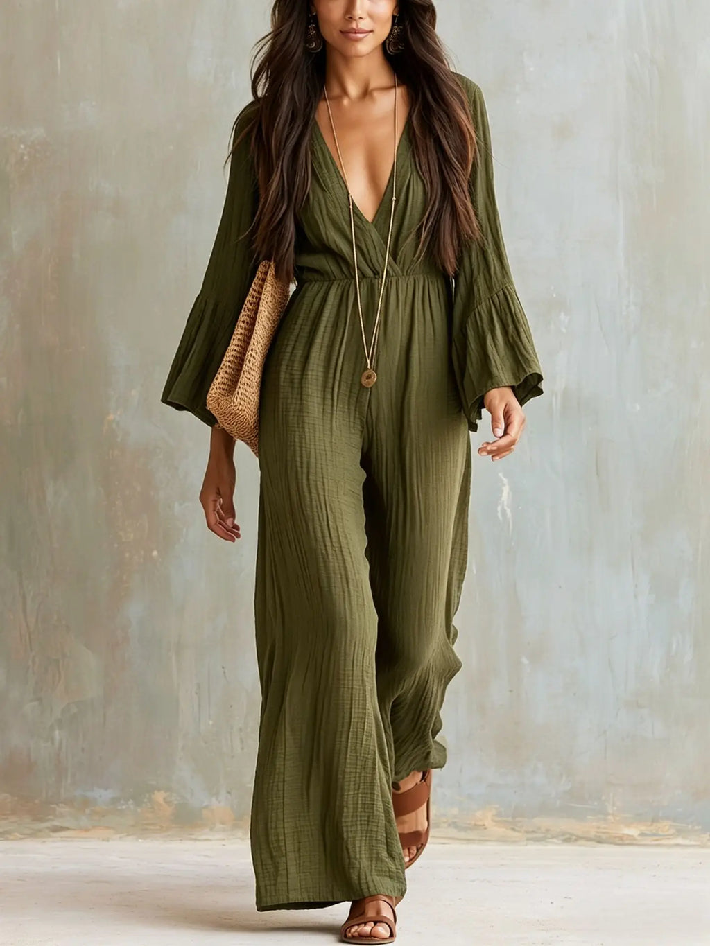 Elegant Women Flare Sleeve Jumpsuit Deep V Neck High Waist Wide Leg Casual Daily Party One Piece Romper