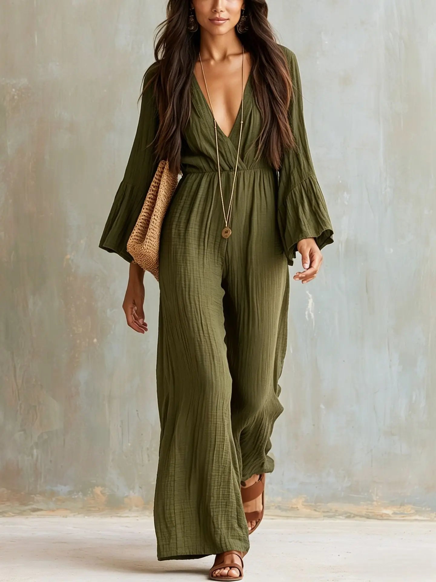 Elegant Women Flare Sleeve Jumpsuit Deep V Neck High Waist Wide Leg Casual Daily Party One Piece Romper