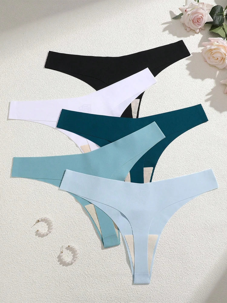 5Pcs Ice Silk Seamless Thongs Women'S'S V-Waist Solid Color Panties Sexy Breathable Low Rise Underwear Invisible Bikini Lingerie