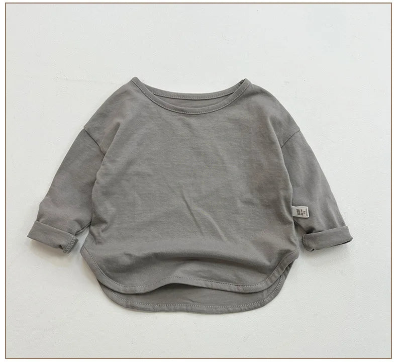 Children Simple Casual Long Sleeves T-shirt Kid Cotton Tops Unique Tees Autumn Spring Boy Girl Baby O-neck Solid Bottoming Shirt