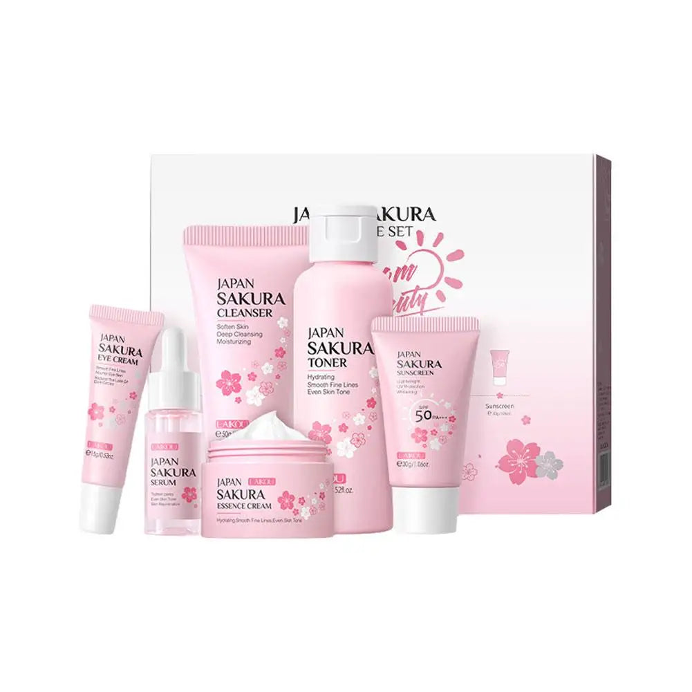 6Pcs/Set Sakura Skin Care Sets Face Cream Serum Toner Facial Cleanser Sunscreen Eye Cream Face Skin Care Set Product Box