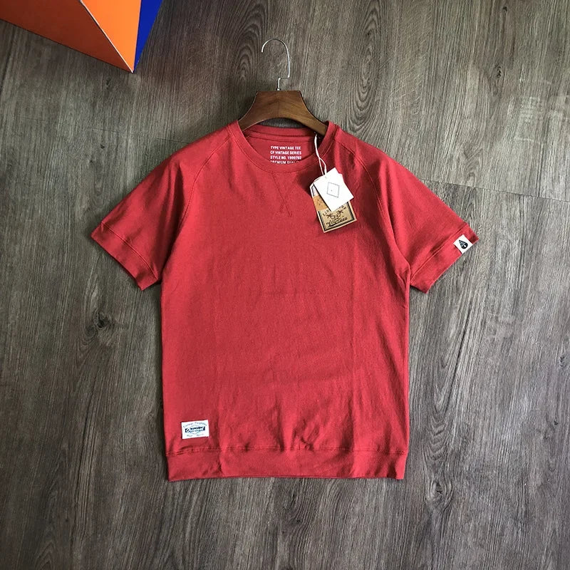 220gsm Heavyweight 100% Cotton Raglan Sleeve T-shirt Men's Short Sleeve Japanese Retro Loose Round Neck Summer T-shirt Tees Tops