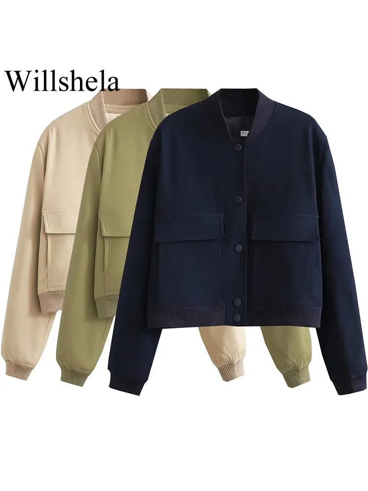 Women's Vintage V-Neck Bomber Jacket with Pockets