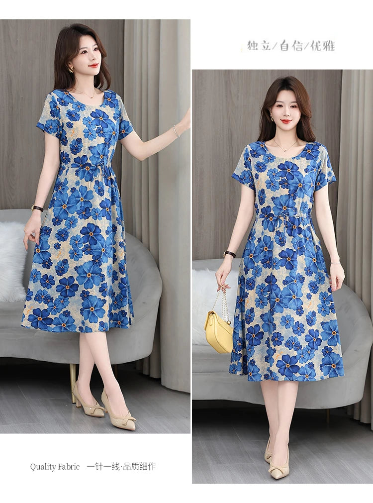New Elegant Floral Dress  Bohemian plus Size Women Summer Short Sleeve Clothing with Large Hem for Casual Occasions