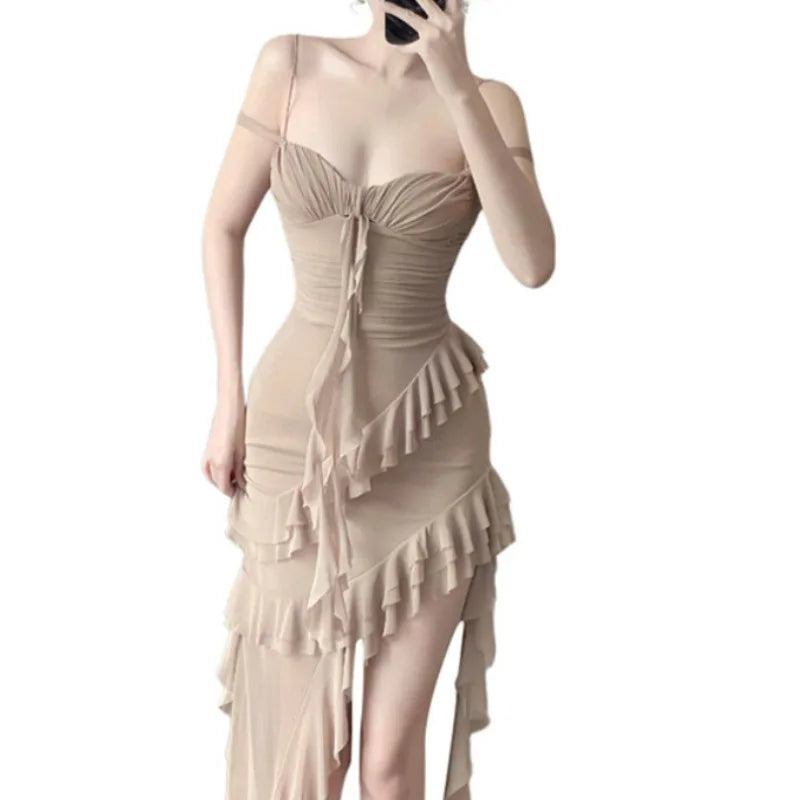Fashionable Strapless Slim Fit Long Dress Sexy Trendy Girl High Waist Irregular Design Knitted Pure Color Spring New Arrival