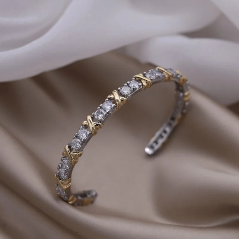 French New Design Zircon Letter X Two Color Plated Opening Bracelet For Elegant Women Daily Wear