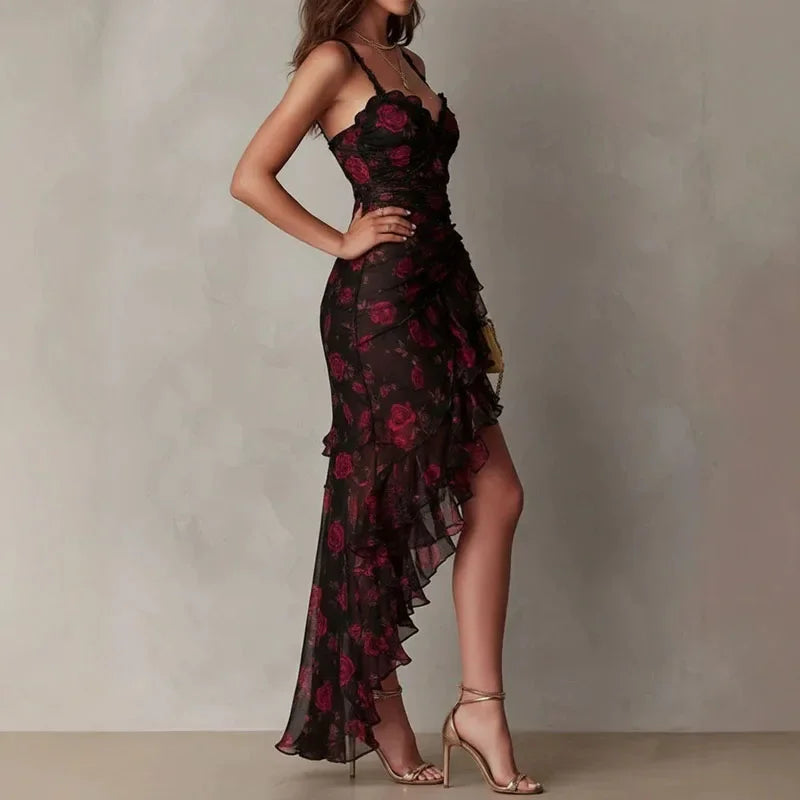 Vintage Rose Print Dress Women Spaghetti Strap Sweetheart Neck Ruched Waist Irregular Sexy Hem Dress Bodycon Party Evening Dress