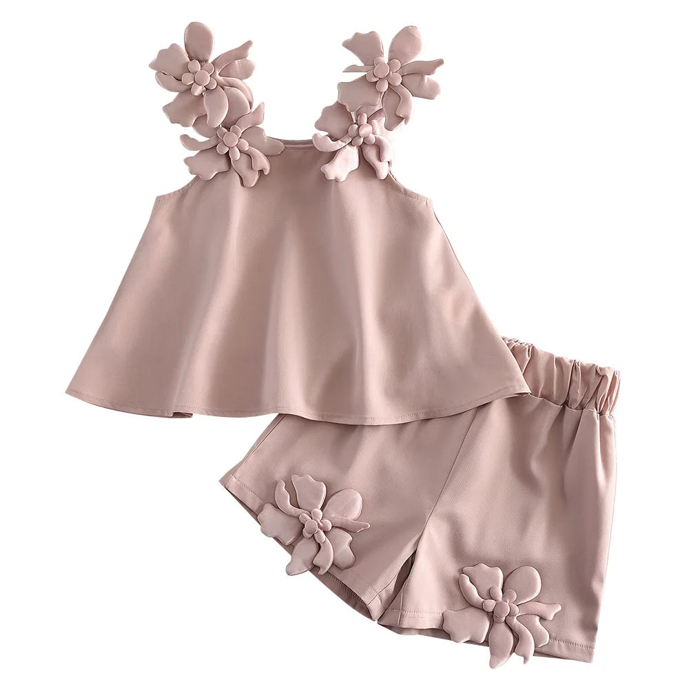 2026 Baby Girls Shorts Clothing Set Flower Vest Blouse and Bottom Summer Outfit Causal Wear Kids Boutique Clothes 0-6Y