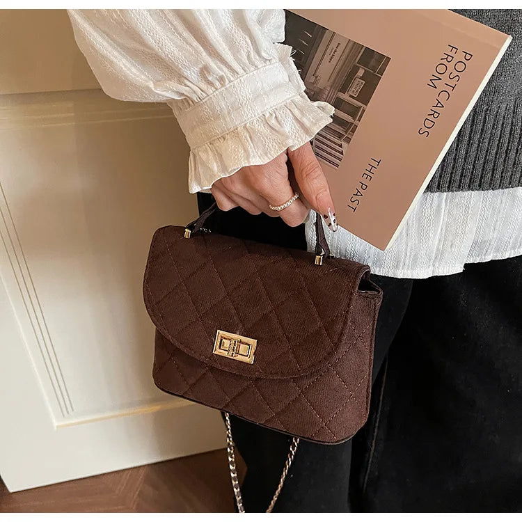 Diamond Grid Chain Crossbody Bag One Shoulder Purse Trendy Flip Top Clutch Women's Fashion Suede Leather Casual Shoulder Bag