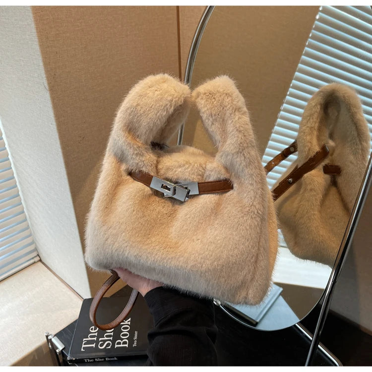 Fashionable Women's Bags Trend 2025 Faux Fur Shoulder Bags Plush Faux Mink Luxury Handbags Chic Crossbody Bag Solid Color Purses