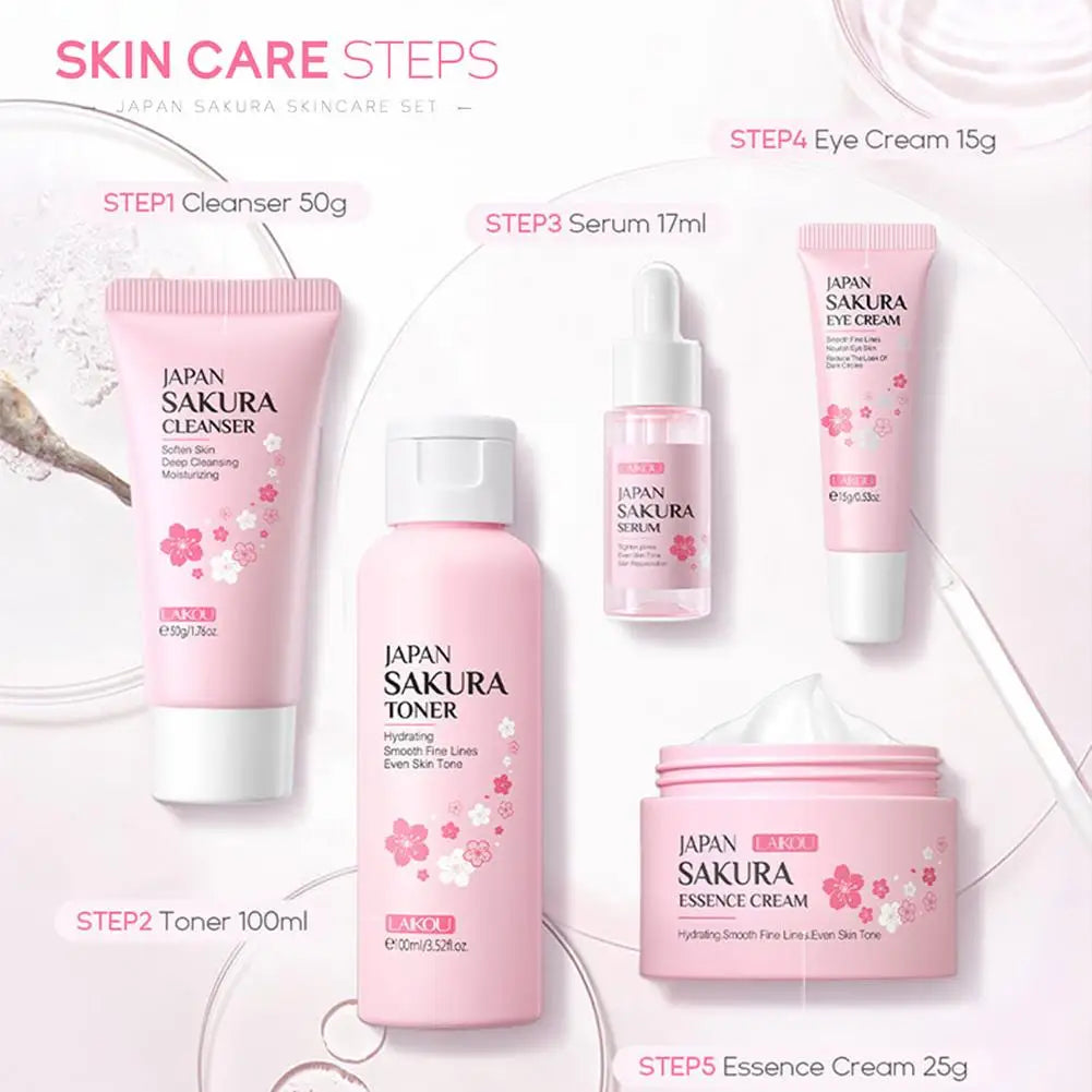 LAIKOU Sakura Skin Care Set - Facial Cleanser, Toner, Serum, Cream