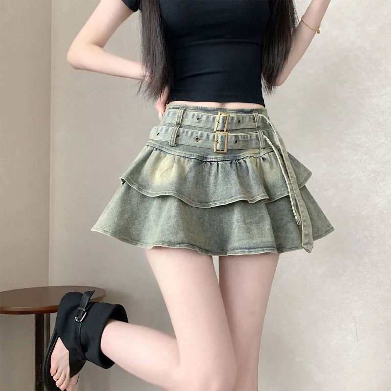 American Pure Desire Spicy Girl Design Elastic Denim Skirt Half-length Pleated Cake Skirt Short Commute High Elasticity