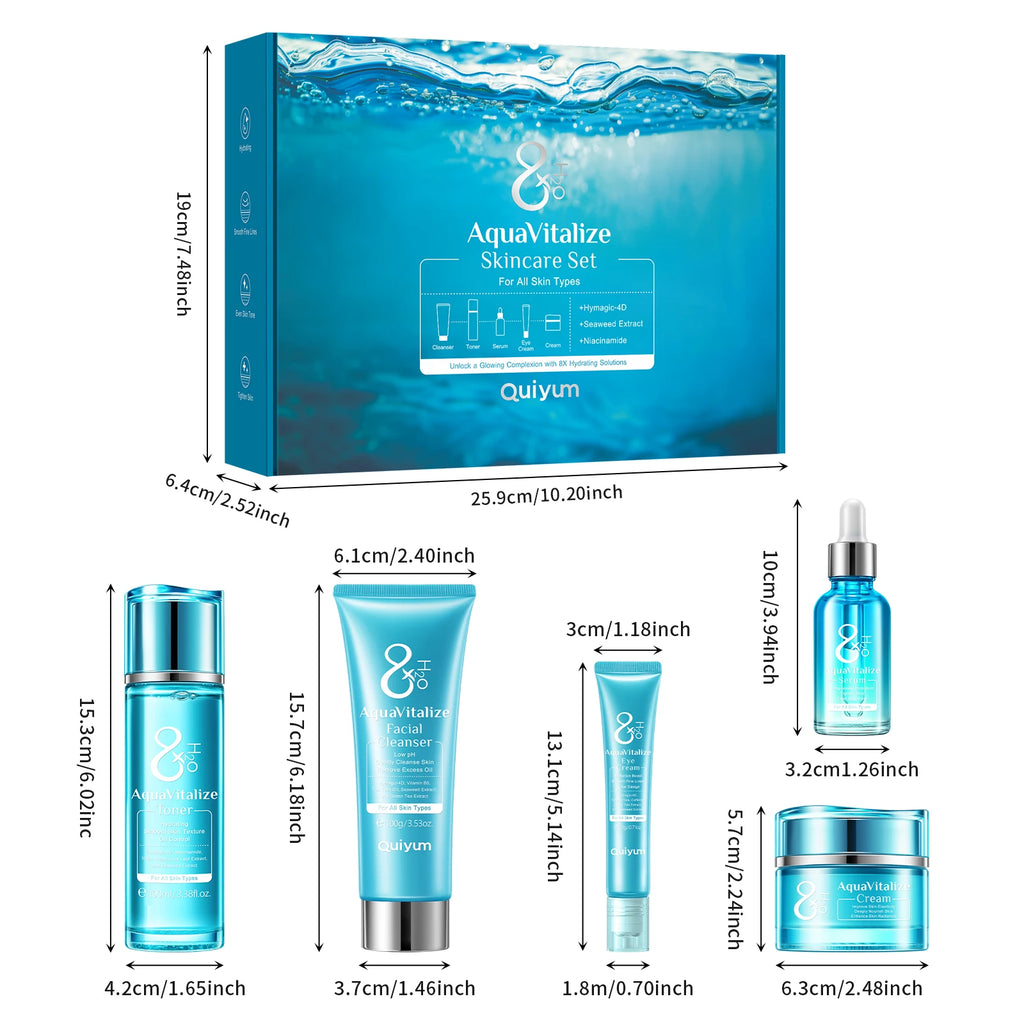 Quiyum 8X H2O AquaVitalize 5-Pcs Skincare Set Hydrating Daily Facial Care Kit Cleanser Toner Serum Eye Cream for All Skin