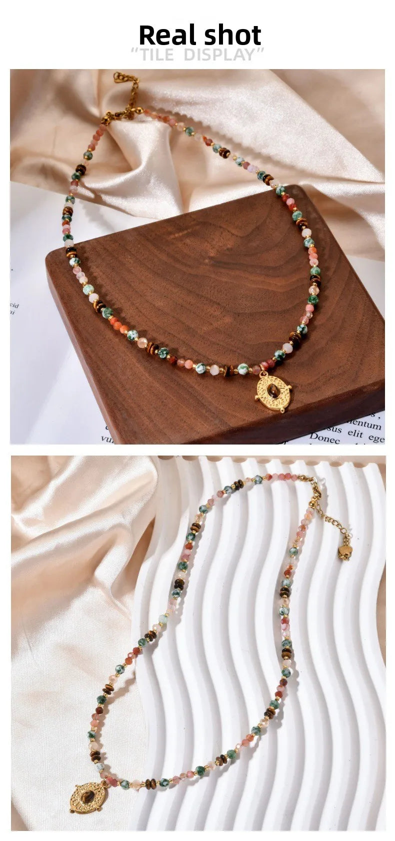 Bohemian Style Multi-Color Natural Stone Beaded Necklace Stainless Steel Pendant Fashionable Versatile Clavicle Chain Jewelry