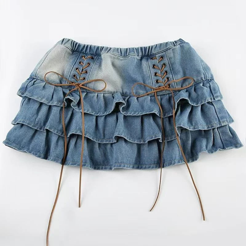 Vintage Lace Up Denim Skirts Women Y2K American Mid Waist All Match Mini Skirts Summer Streetwear Casual Pleated Jeans Skirts