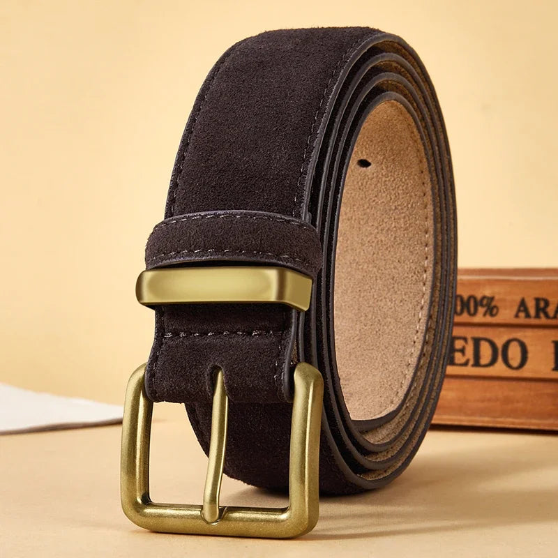 Luxury Suede Cowhide Leather Belt For Women'S, Vintage Style With Gold Buckle, 3.5Cm Wide Waistband For Dresses & Jeans 2042