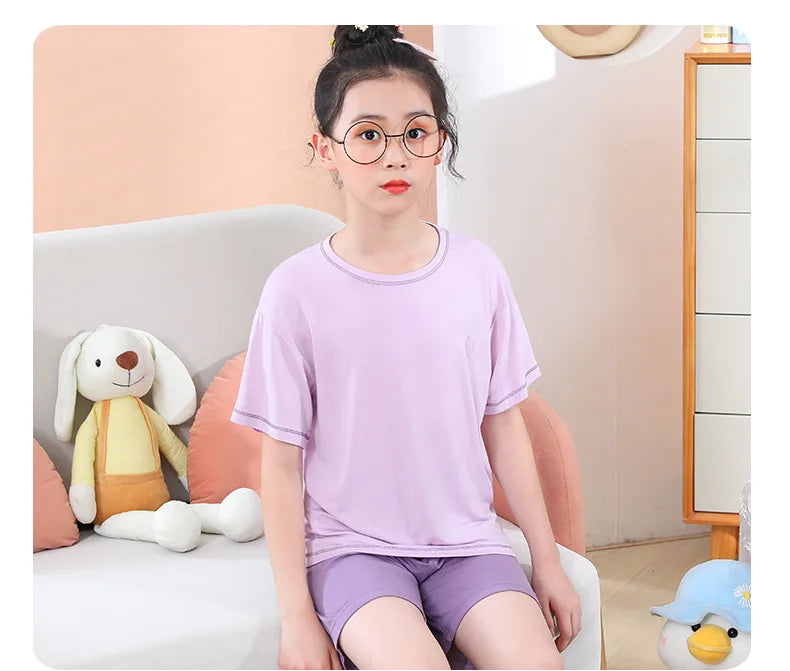 Teenage Boy Pajamas Summer Girl Short Sleeve Children's Clothing Sleepwear Silk Cotton Pyjamas Sets For Kids 4 8 9 12 13 14Years
