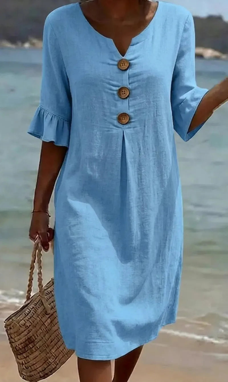 Simple Casual Women's Solid Color Midi Dress V Neck Button 3/4 Sleeve Loose 2026 New Summer Beach Vacation Dresses With Pockets