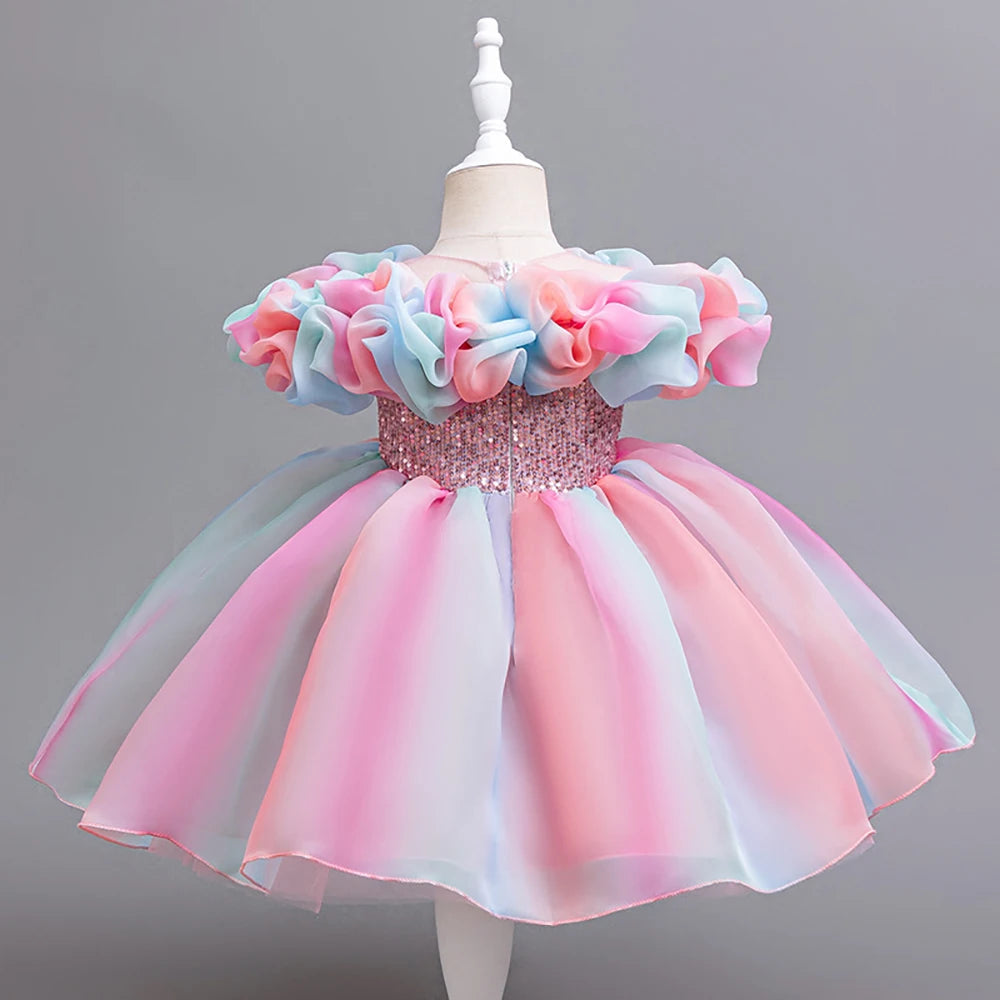 HETISO Rainbow Color Girl Princess Dress Sequined Belt Birthday Party Carnival Costume For Baby Kids 1-6 Years