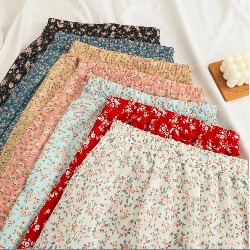 Women's Korean Style Floral Chiffon Midi Skirt – High Waist Loose A-Line Summer Skirt