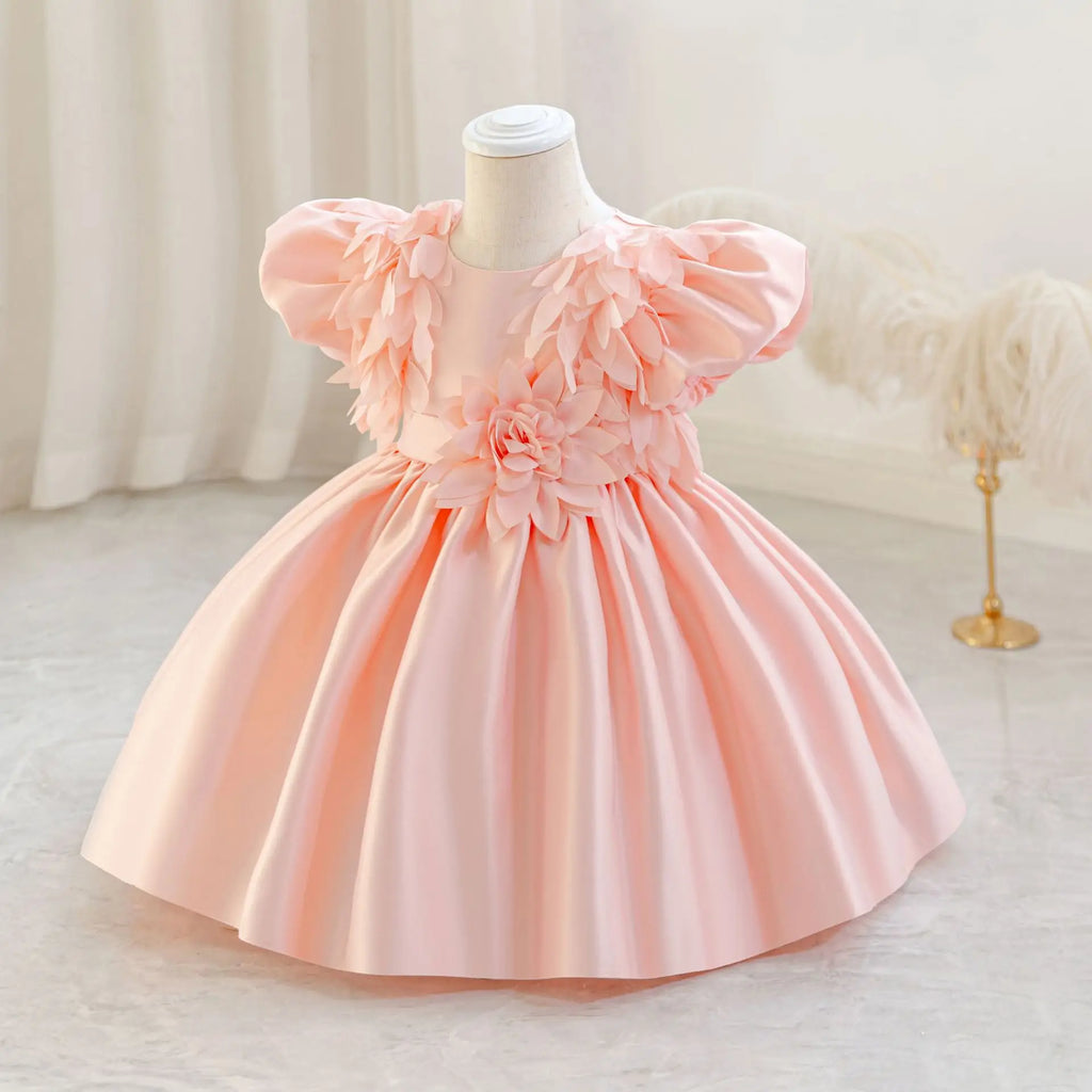 HETISO Leaf Appliques Baby Party Dress Casual Satin Kid's Princess Gown for Girls Ages 1-4 Young Child Clothes