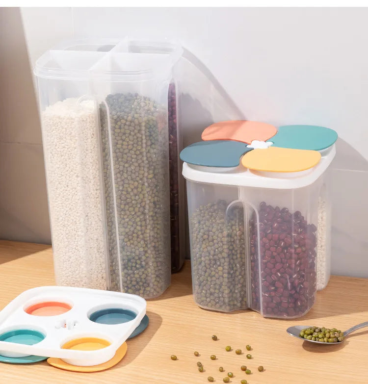 Caja de almacenamiento de cereales para cocina, de plástico, con 4 compartimentos, tarro sellado para cereales, recipiente para alimentos, tanque de grano a prueba de humedad, caja para mantener frescos los espaguetis