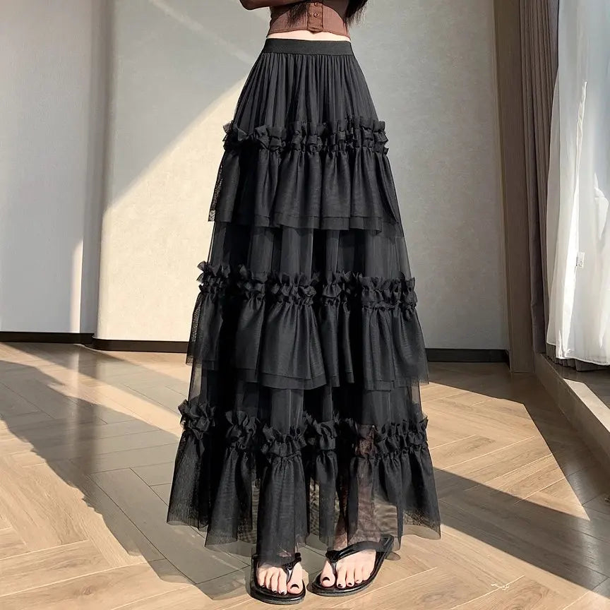 Qiukichonson Midi Long Skirt Women Patchwork Mesh Lolita Spring Summer High Waisted High Low Ruched Ruffles Ball Gown Skirt rok