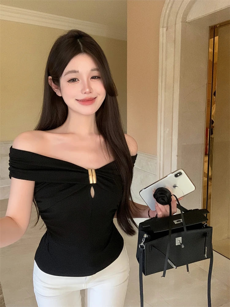 Summer slim sexy spicy girl slash neck ruffled short-sleeved T-shirt for women