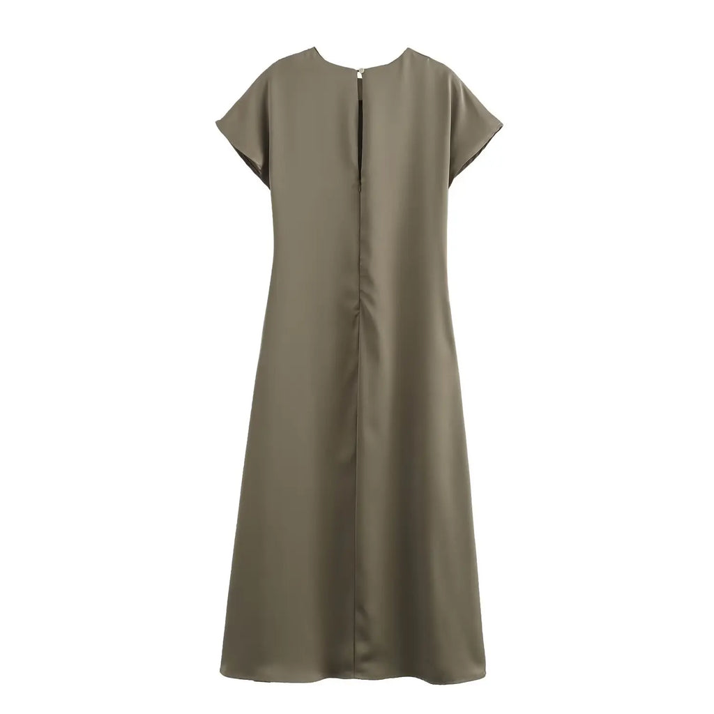 Woman Satin Midi Dress Summer Female Solid Fashion Elegant Long Dresses Lady Chic Short Sleeve O-Neck Evening Party Dress